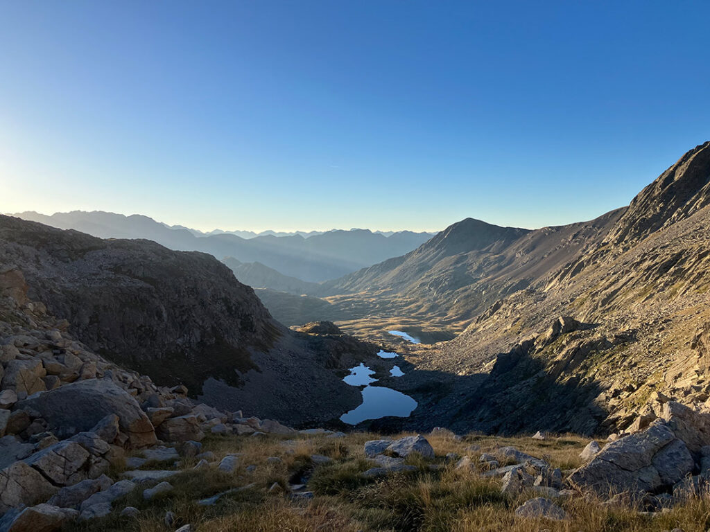 Looking down at the lakes Estanyets de Cap d'Anglos from Collet dels Estanyets