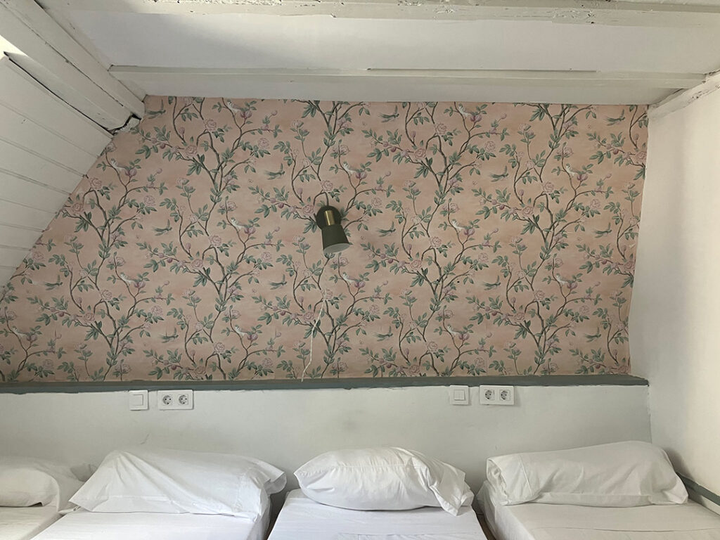 The wallpaper in our room with flowers and birds at the gite in Salardu