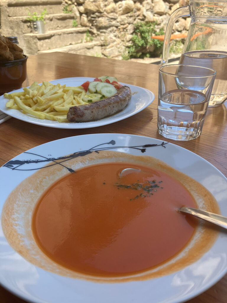 Gazpacho and saussage with french fries