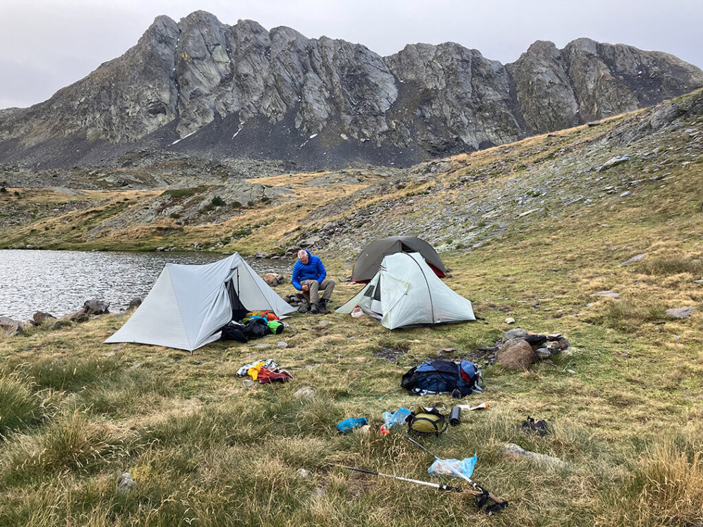 Early morning, taking down our tents by the lake